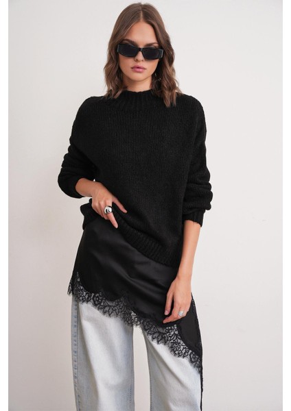 6700 Kadın Dik Yaka Balon Triko Kazak Siyah