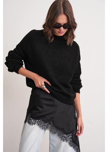 6700 Kadın Dik Yaka Balon Triko Kazak Siyah modelleri