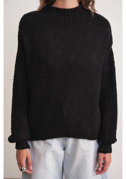 6700 Kadın Dik Yaka Balon Triko Kazak Siyah fırsatları