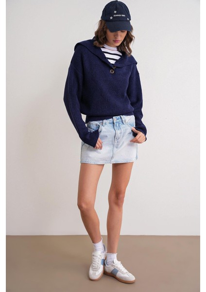 6900 Kadın Düğmeli Devrik Yaka Triko Kazak Lacivert fiyatları