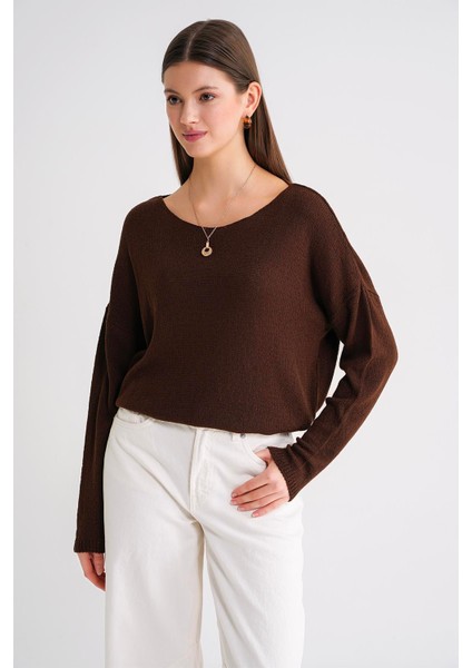 6933 Kadın Kayık Yaka Ince Mevsimlik Triko Kazak Kahve
