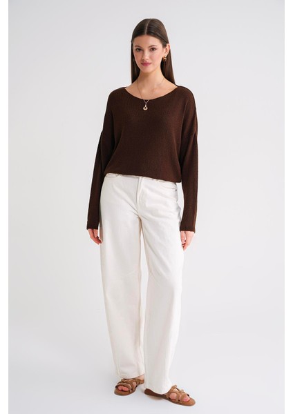 6933 Kadın Kayık Yaka Ince Mevsimlik Triko Kazak Kahve fiyatları