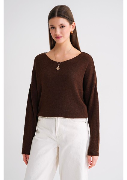 6933 Kadın Kayık Yaka Ince Mevsimlik Triko Kazak Kahve modelleri