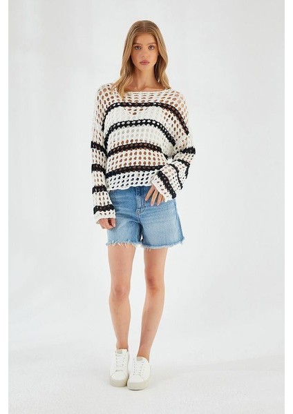 6877 Kadın Çizgili Ajurlu Kayık Yaka Triko Kazak Ekru modelleri