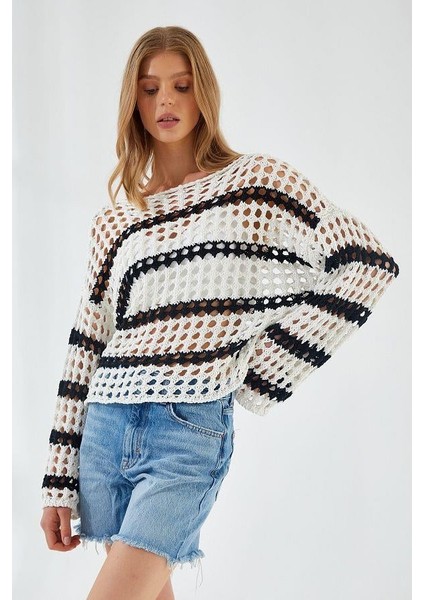 6877 Kadın Çizgili Ajurlu Kayık Yaka Triko Kazak Ekru indirimleri