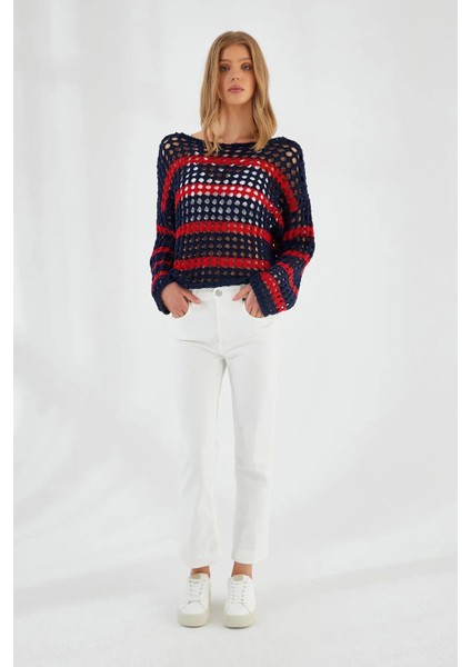 6877 Kadın Çizgili Ajurlu Kayık Yaka Triko Kazak Lacivert modelleri