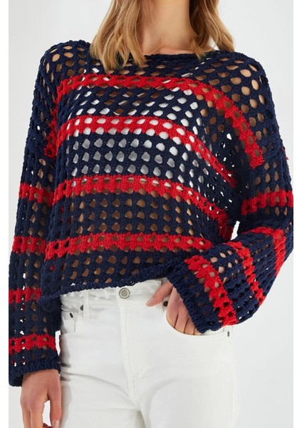 6877 Kadın Çizgili Ajurlu Kayık Yaka Triko Kazak Lacivert fırsatları