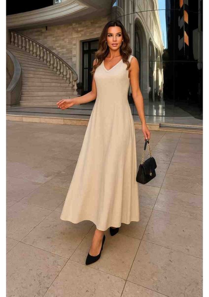 Kadın Kolsuz V Yakalı Maksi Boy Ithal Keten Elbise, Kırmızı Gül Figürlü Kolye Hediye