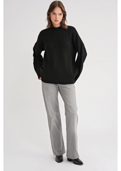 6925 Kadın Geniş Kollu Yumuşak Dokulu Triko Kazak Siyah fiyatları