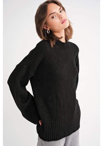 6925 Kadın Geniş Kollu Yumuşak Dokulu Triko Kazak Siyah modelleri