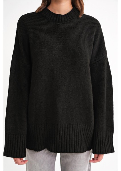 6925 Kadın Geniş Kollu Yumuşak Dokulu Triko Kazak Siyah indirimleri