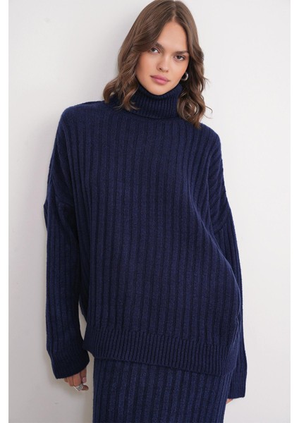 6928 Kadın Fitilli Balıkçı Yaka Triko Kazak Lacivert