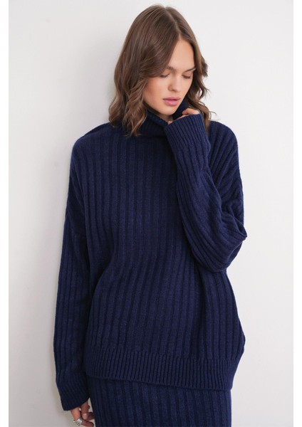 6928 Kadın Fitilli Balıkçı Yaka Triko Kazak Lacivert modelleri