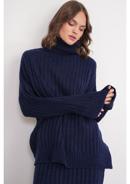 6928 Kadın Fitilli Balıkçı Yaka Triko Kazak Lacivert fırsatları