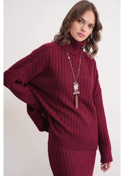 6928 Kadın Fitilli Balıkçı Yaka Triko Kazak Bordo