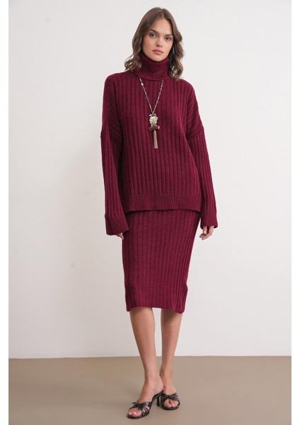 6928 Kadın Fitilli Balıkçı Yaka Triko Kazak Bordo fiyatları