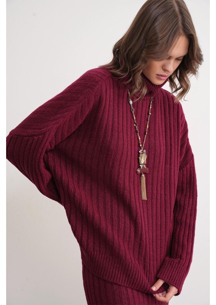 6928 Kadın Fitilli Balıkçı Yaka Triko Kazak Bordo modelleri