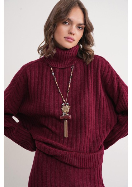 6928 Kadın Fitilli Balıkçı Yaka Triko Kazak Bordo fırsatları