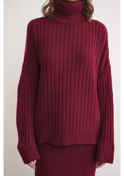 6928 Kadın Fitilli Balıkçı Yaka Triko Kazak Bordo indirimleri