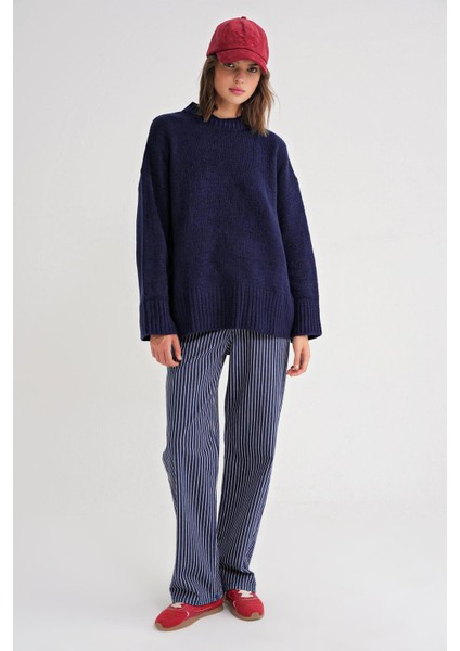 6925 Kadın Geniş Kollu Yumuşak Dokulu Triko Kazak Lacivert fiyatları