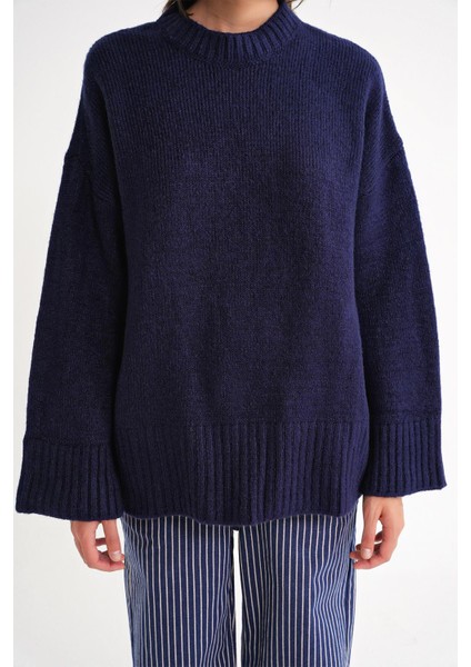 6925 Kadın Geniş Kollu Yumuşak Dokulu Triko Kazak Lacivert indirimleri