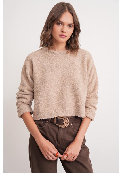 6917 Kadın Buklet Basic Triko Kazak Bej