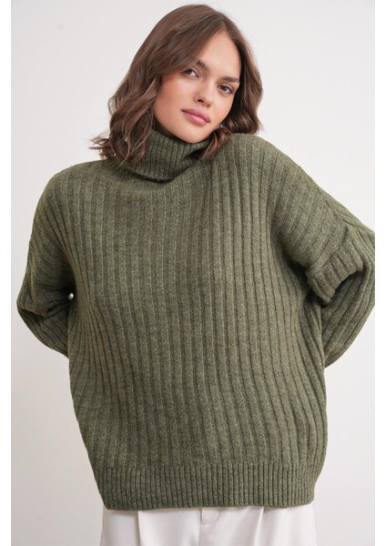 6928 Kadın Fitilli Balıkçı Yaka Triko Kazak Haki