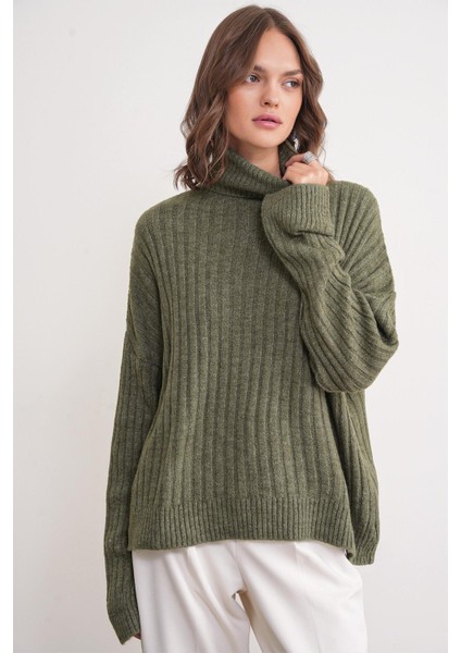 6928 Kadın Fitilli Balıkçı Yaka Triko Kazak Haki fiyatları