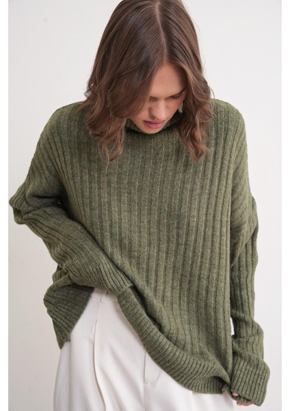 6928 Kadın Fitilli Balıkçı Yaka Triko Kazak Haki modelleri