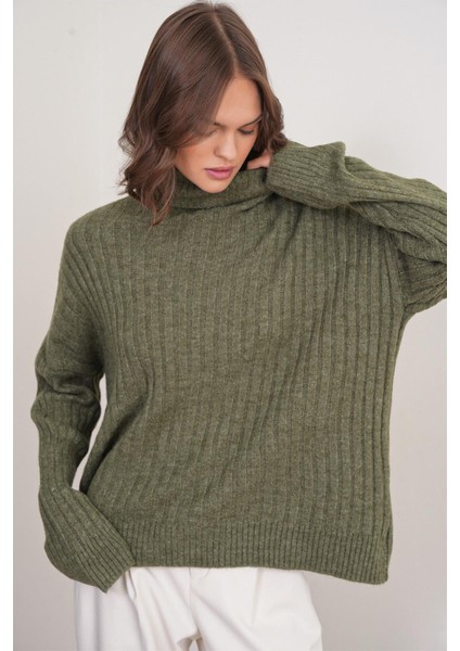 6928 Kadın Fitilli Balıkçı Yaka Triko Kazak Haki fırsatları