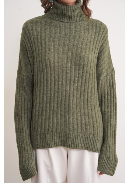 6928 Kadın Fitilli Balıkçı Yaka Triko Kazak Haki indirimleri