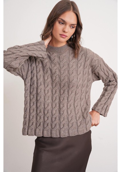 6973 Kadın Saç Örgülü Regular Basic Triko Kazak Toprak