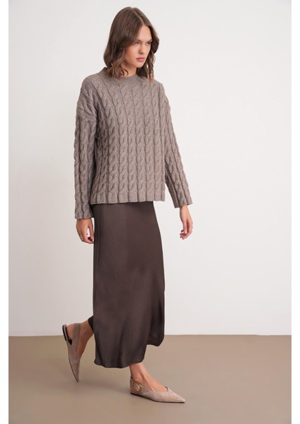 6973 Kadın Saç Örgülü Regular Basic Triko Kazak Toprak fiyatları