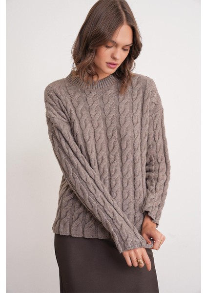 6973 Kadın Saç Örgülü Regular Basic Triko Kazak Toprak modelleri