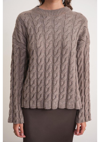 6973 Kadın Saç Örgülü Regular Basic Triko Kazak Toprak indirimleri