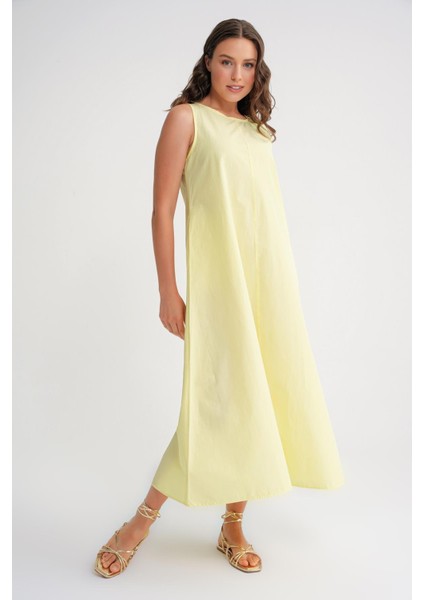 4690 Kadın Bisiklet Yaka Sıfır Kol Midi Paraşüt Elbise Sarı