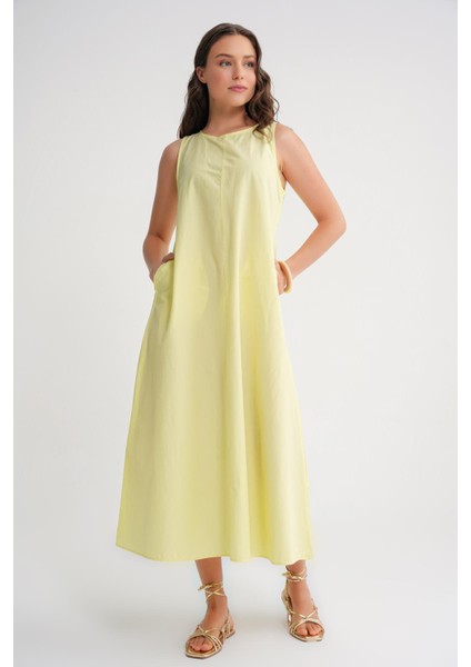 4690 Kadın Bisiklet Yaka Sıfır Kol Midi Paraşüt Elbise Sarı modelleri