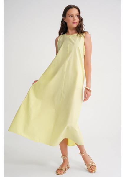 4690 Kadın Bisiklet Yaka Sıfır Kol Midi Paraşüt Elbise Sarı indirimleri