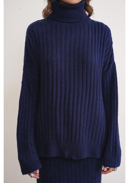 6928 Kadın Fitilli Balıkçı Yaka Triko Kazak Lacivert indirimleri