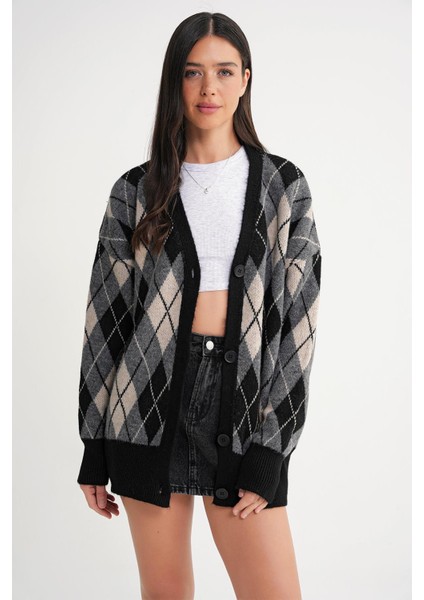 6937 Kadın Baklava Desenli Oversize Triko Hırka Siyah