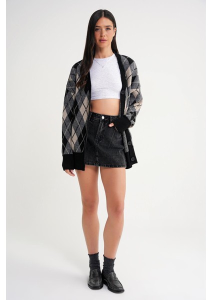 6937 Kadın Baklava Desenli Oversize Triko Hırka Siyah fiyatları