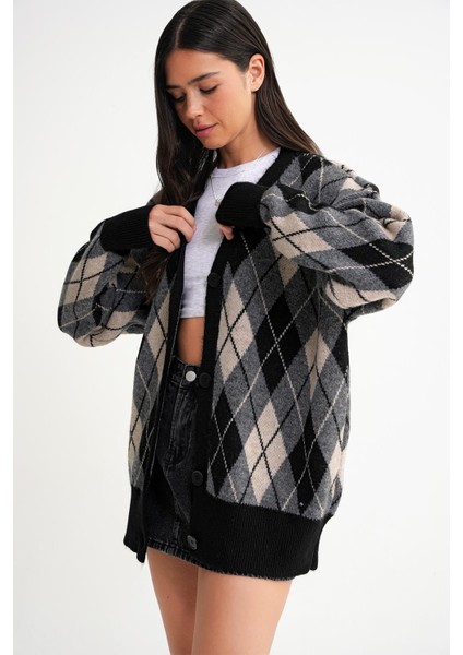 6937 Kadın Baklava Desenli Oversize Triko Hırka Siyah fırsatları