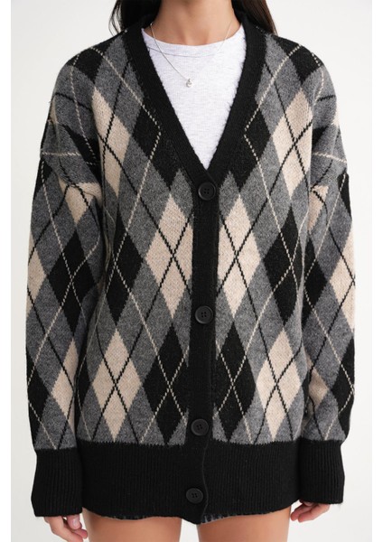 6937 Kadın Baklava Desenli Oversize Triko Hırka Siyah indirimleri