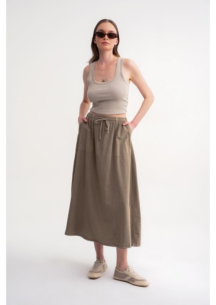 4633 Kadın Yandan Cepli Parçalı Etek Antik Vizon modelleri