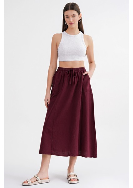 4633 Kadın Yandan Cepli Parçalı Etek Bordo