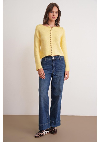 6957 Kadın Düğmeli Bisiklet Yaka Triko Hırka Sarı fiyatları