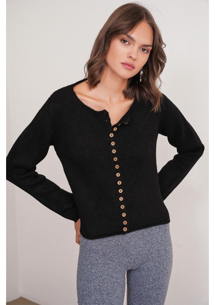 6957 Kadın Düğmeli Bisiklet Yaka Triko Hırka Siyah