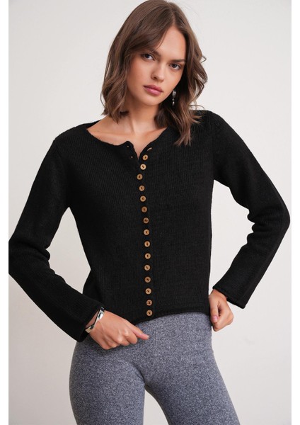 6957 Kadın Düğmeli Bisiklet Yaka Triko Hırka Siyah modelleri
