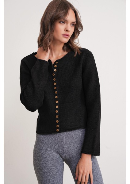 6957 Kadın Düğmeli Bisiklet Yaka Triko Hırka Siyah fırsatları