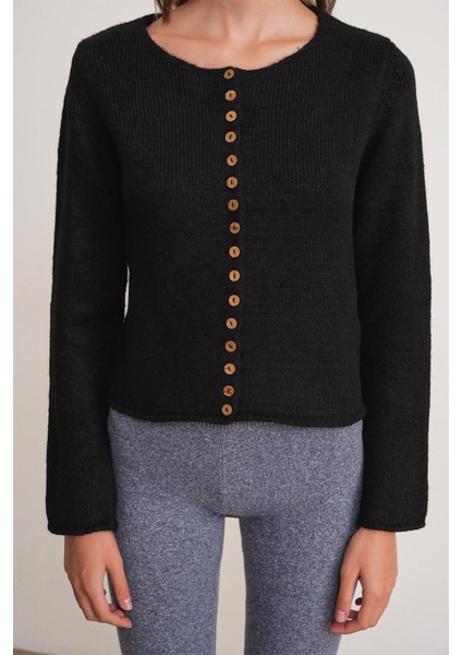 6957 Kadın Düğmeli Bisiklet Yaka Triko Hırka Siyah indirimleri